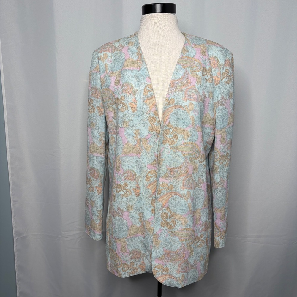 Patchington VTG 90's Paisley Longline Blazer Blue Pink Pastel Open Front Medium